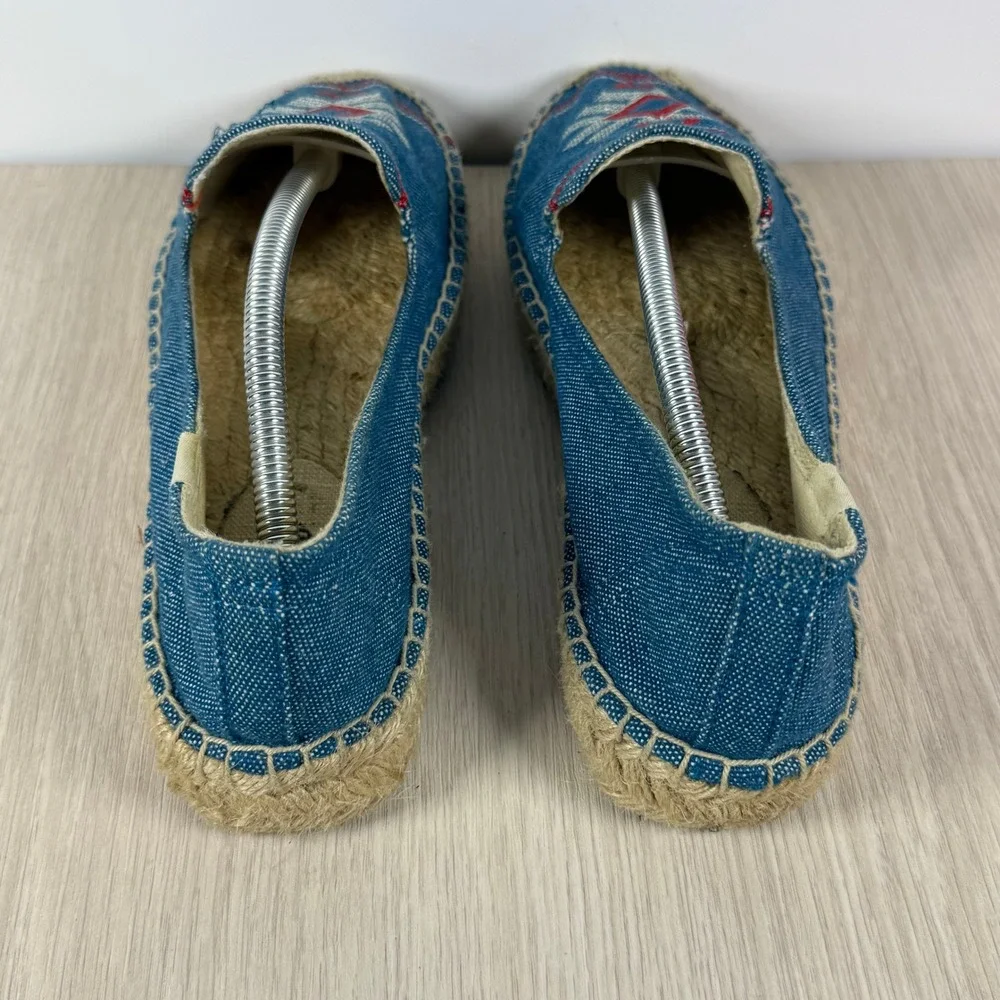 Soludos Women Blue Canvas Embroidered Geometric Espadrille Flats Size 9